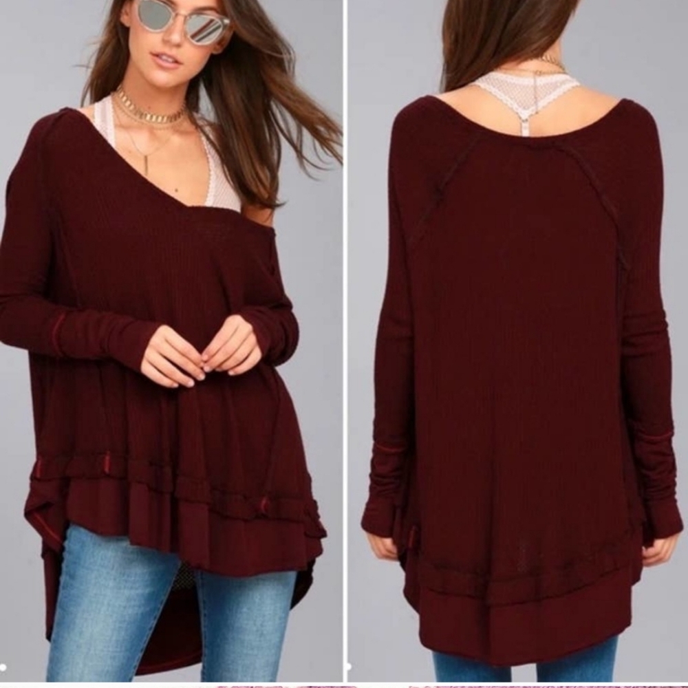 Free People Maroon Waffle Knit Laguna Oversized Thermal Layered Tunic Top